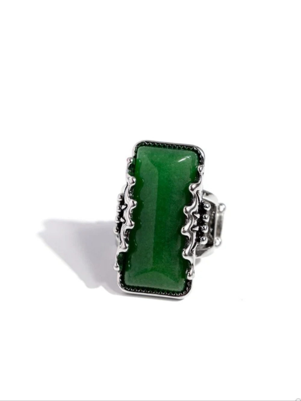 Green Rectangular Stone Silver-Tone Statement Ring